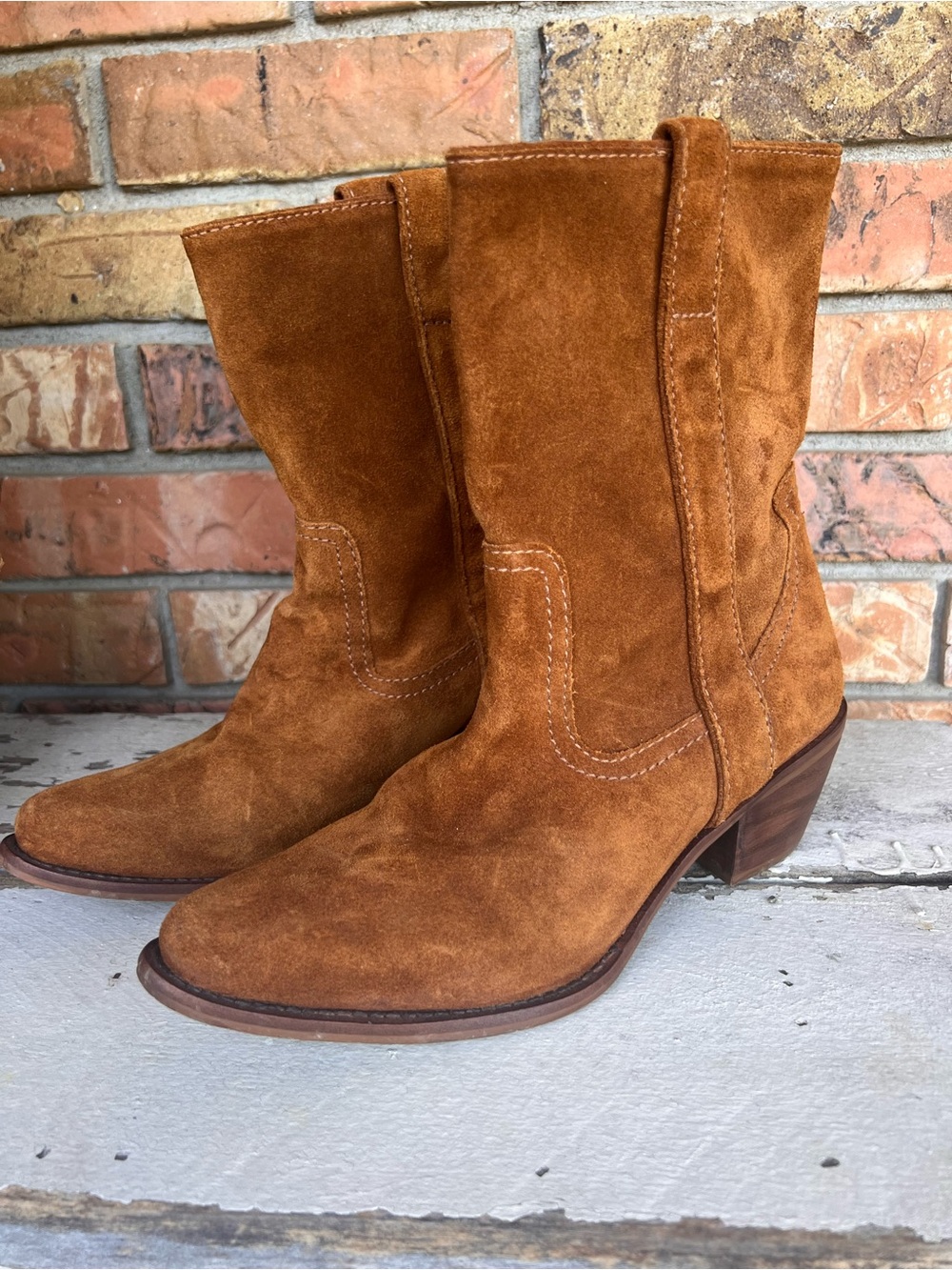 Steve Madden Cognac Brown Leather Western Mid Calf Boots 8.5M